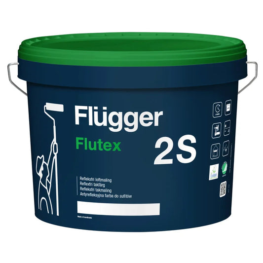 Peinture Flügger Flutex 2S en seau de 10L, finition mate, application facile, idéale pour murs intérieurs.