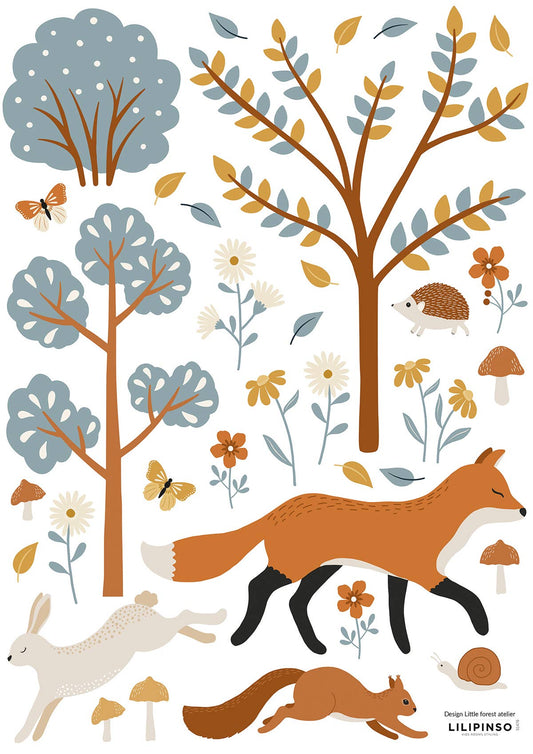 Autocollants muraux A3 animaux forêt avec renard, décoration enfant LILIPINSO, illustrations colorées pour chambre d’enfant