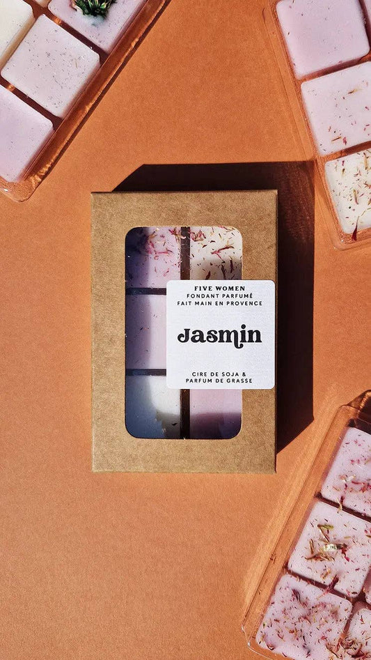 Fondants parfumés au jasmin de Five Women, 6 carrés de cire parfumée artisanale pour diffuser un parfum floral.
