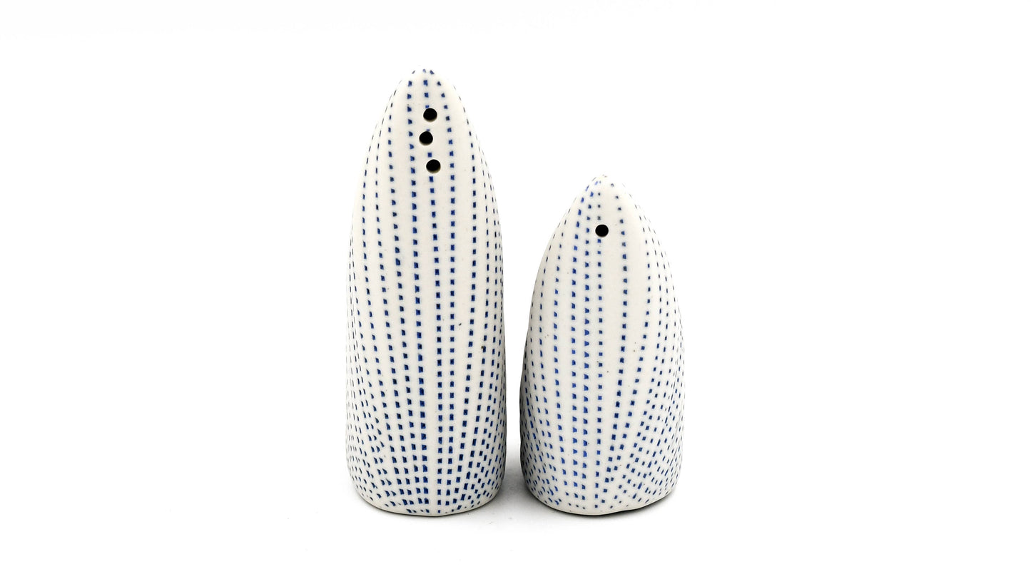Ensemble de salière et poivrière en porcelaine artisanale avec motifs floraux pour assaisonnement élégant.
