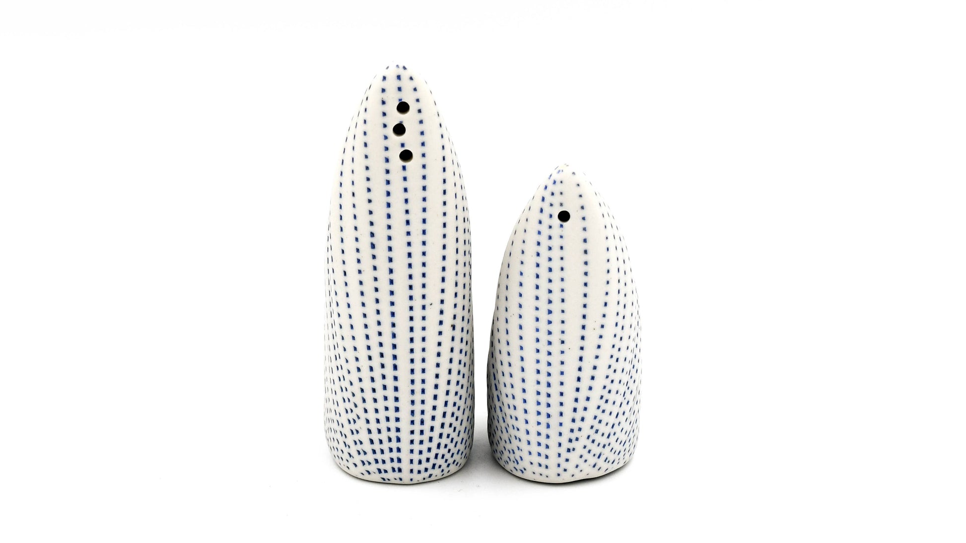 Ensemble de salière et poivrière en porcelaine artisanale avec motifs floraux pour assaisonnement élégant.
