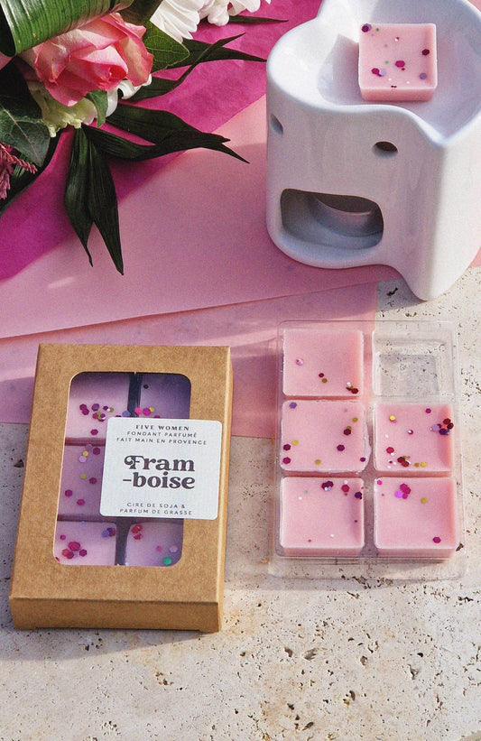 Fondants parfumés à la framboise de la marque Five Women, cire à faire fondre pour diffuseur parfumé.