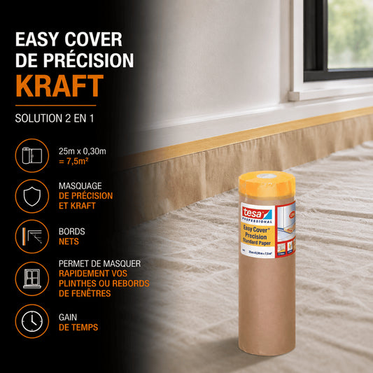 Ruban de masquage de précision Kraft Easy Cover de Flügger pour peinture, résistant et facile à appliquer sur les surfaces.