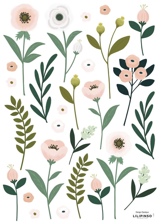Autocollants muraux A3 fleurs et feuilles LILIPINSO, adhésifs décoratifs français pour décoration intérieure.