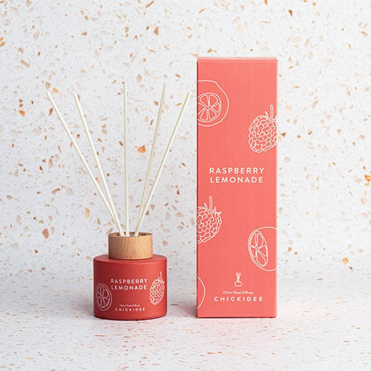 Diffuseur de limonade et framboise Chickidee, parfum d'intérieur naturel, bouteille de 100 ml avec étiquette colorée.