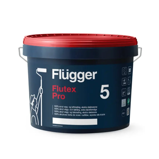 Peinture Flügger Flutex 5 Pro en pot, application en cours sur un mur intérieur, finition mate et durable.