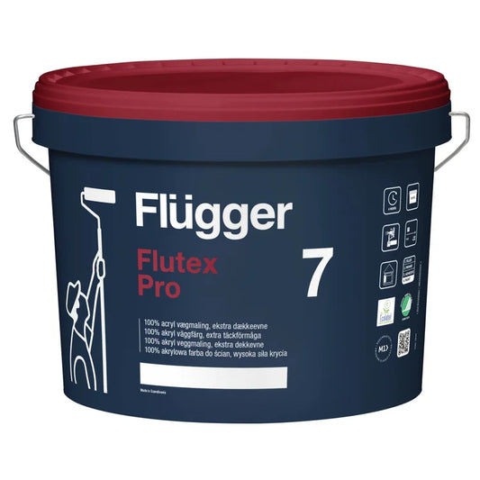 Peinture Flügger Flutex 7 Pro blanc appliquée sur un mur intérieur, finition lisse et uniforme.