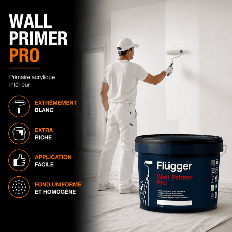 Apprêt mural Flügger Wall Primer Pro, en pot, montrant la texture de la peinture pour préparation des murs.